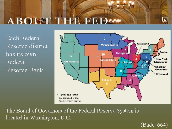 Each Federal Reserve district has its own Federal Reserve Bank. The Board of Governors