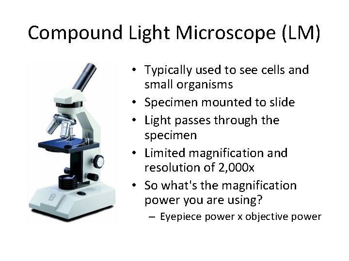 Compound Light Microscope (LM) • Typically used to see cells and small organisms •