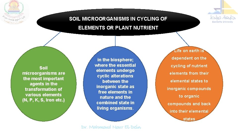 SOIL MICROORGANISMS IN CYCLING OF ELEMENTS OR PLANT NUTRIENT Life on earth is Soil