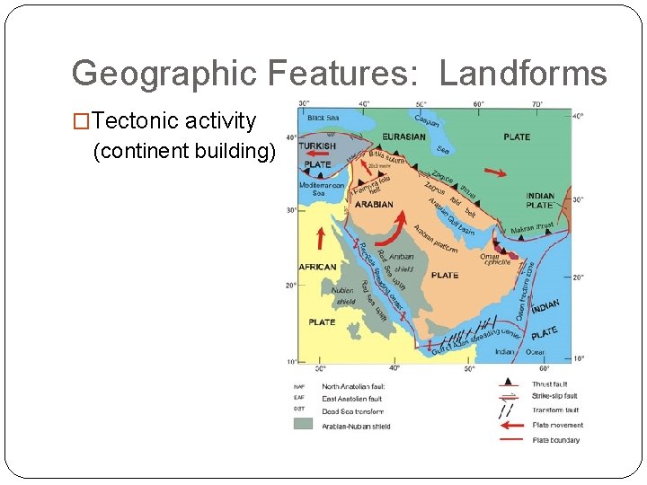Geographic Features: Landforms �Tectonic activity (continent building) 