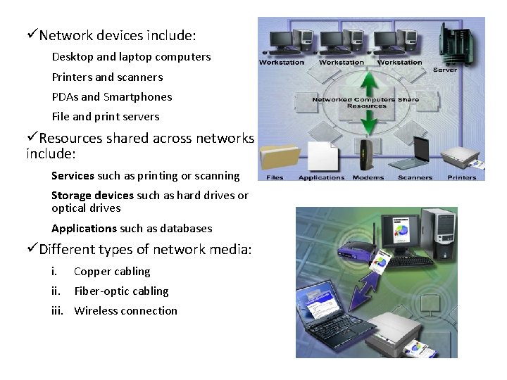 üNetwork devices include: Desktop and laptop computers Printers and scanners PDAs and Smartphones File