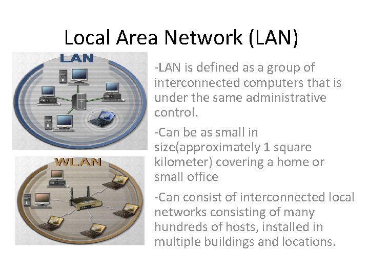 Local Area Network (LAN) -LAN is defined as a group of interconnected computers that