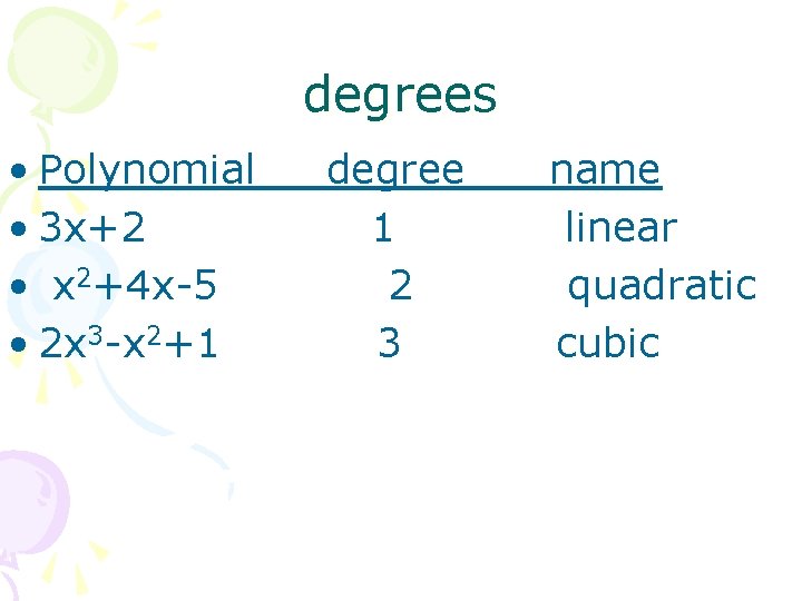 degrees • Polynomial • 3 x+2 • x 2+4 x-5 • 2 x 3