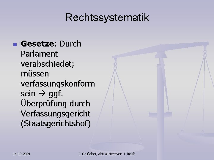 Rechtssystematik n Gesetze: Durch Parlament verabschiedet; müssen verfassungskonform sein ggf. Überprüfung durch Verfassungsgericht (Staatsgerichtshof)