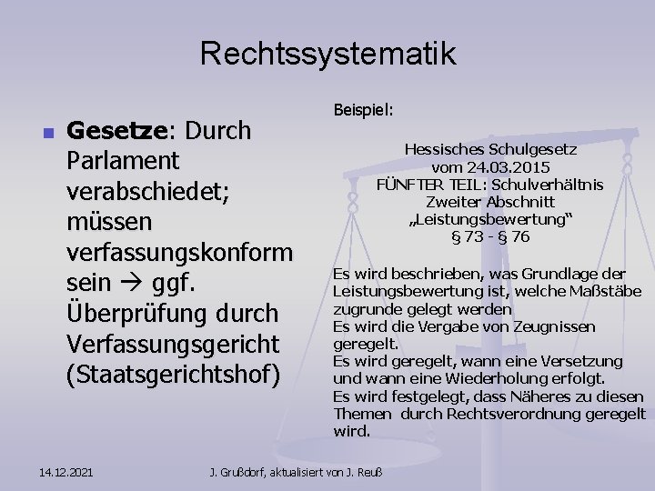 Rechtssystematik n Gesetze: Durch Parlament verabschiedet; müssen verfassungskonform sein ggf. Überprüfung durch Verfassungsgericht (Staatsgerichtshof)