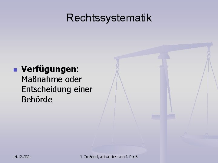 Rechtssystematik n Verfügungen: Maßnahme oder Entscheidung einer Behörde 14. 12. 2021 J. Grußdorf, aktualisiert