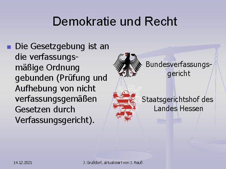 Demokratie und Recht n Die Gesetzgebung ist an die verfassungsmäßige Ordnung gebunden (Prüfung und