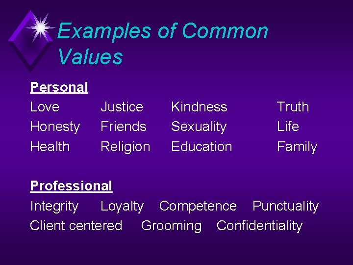 Examples of Common Values Personal Love Justice Honesty Friends Health Religion Kindness Sexuality Education