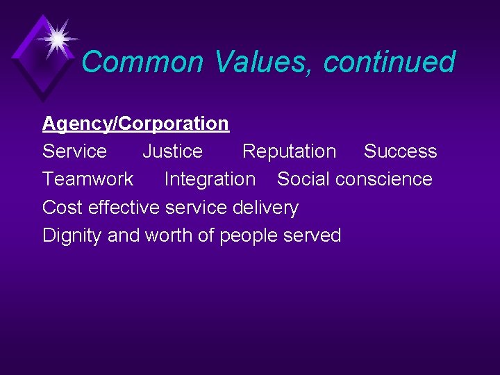 Common Values, continued Agency/Corporation Service Justice Reputation Success Teamwork Integration Social conscience Cost effective