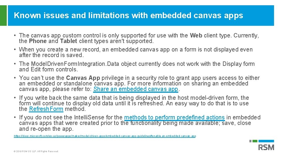 Known issues and limitations with embedded canvas apps • The canvas app custom control