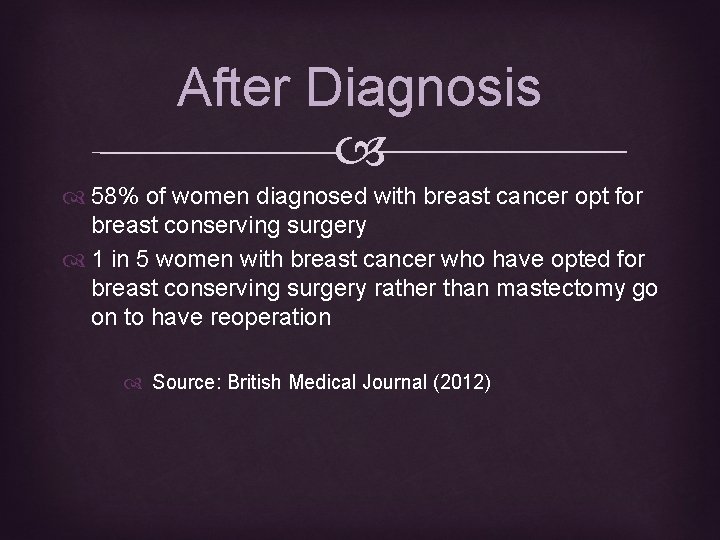 After Diagnosis 58% of women diagnosed with breast cancer opt for breast conserving surgery