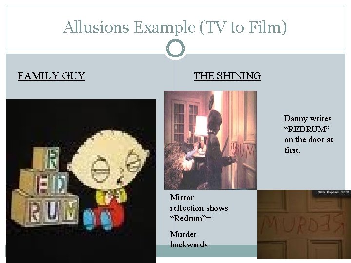 Allusions Example (TV to Film) FAMILY GUY THE SHINING Danny writes “REDRUM” on the