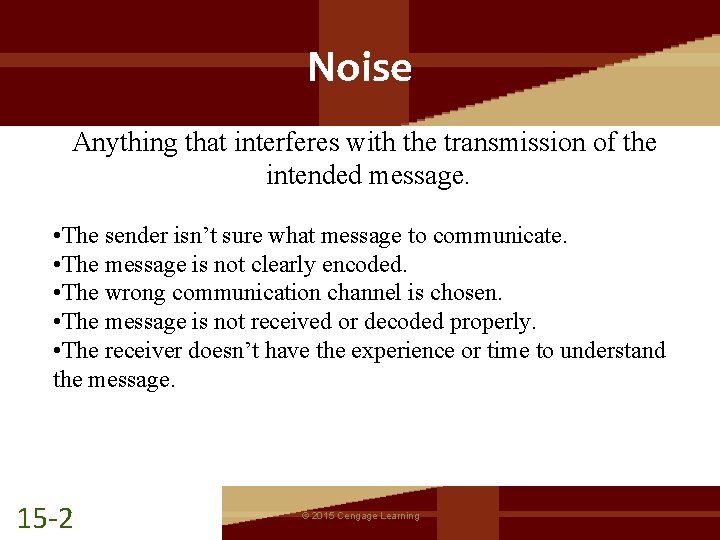 Noise Anything that interferes with the transmission of the intended message. • The sender