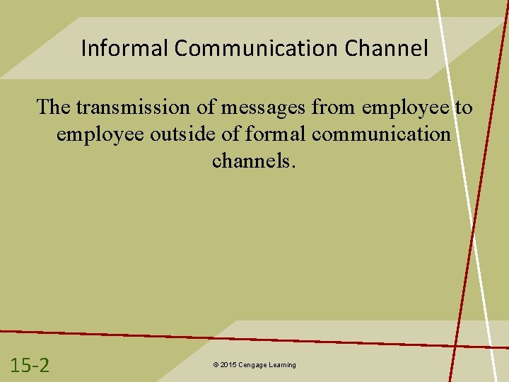 Informal Communication Channel The transmission of messages from employee to employee outside of formal