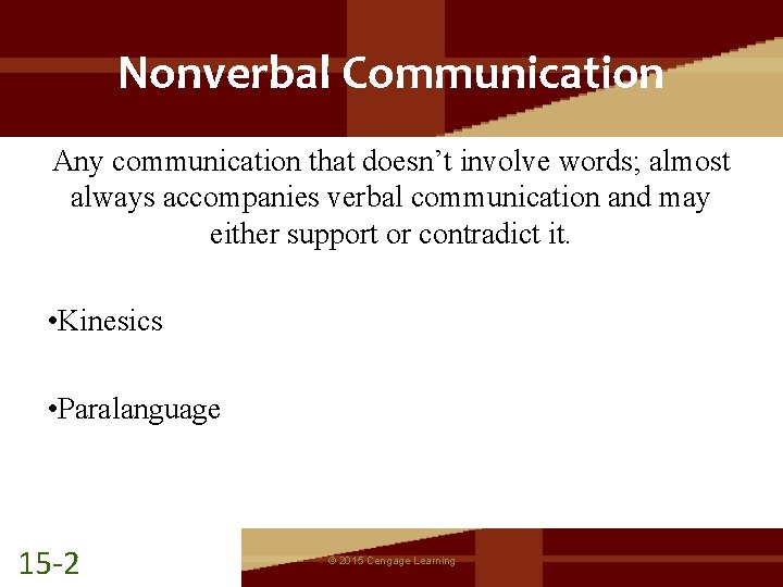 Nonverbal Communication Any communication that doesn’t involve words; almost always accompanies verbal communication and