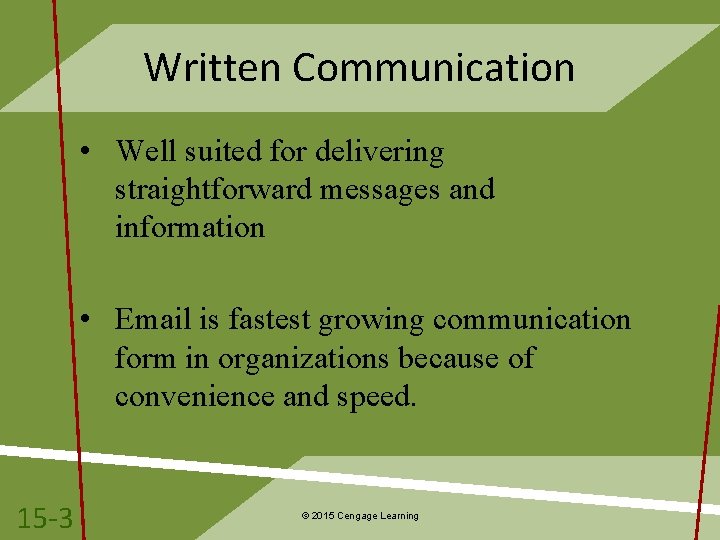 Written Communication • Well suited for delivering straightforward messages and information • Email is