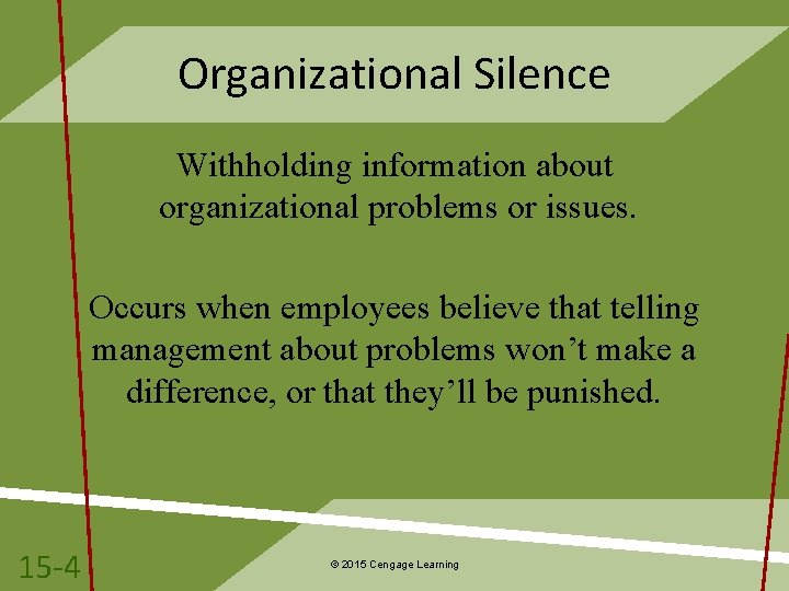 Organizational Silence Withholding information about organizational problems or issues. Occurs when employees believe that