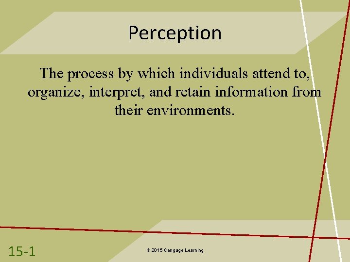 Perception The process by which individuals attend to, organize, interpret, and retain information from