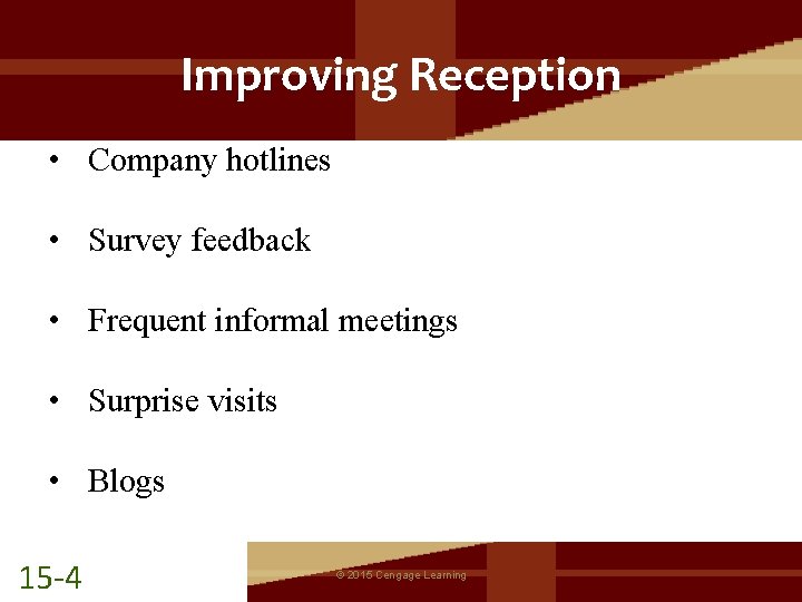 Improving Reception • Company hotlines • Survey feedback • Frequent informal meetings • Surprise