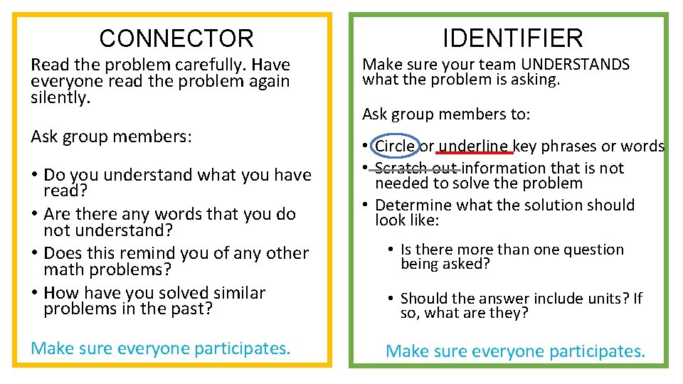 CONNECTOR Read the problem carefully. Have everyone read the problem again silently. Ask group