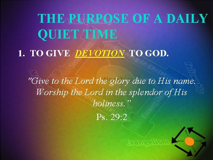 THE PURPOSE OF A DAILY QUIET TIME 1. TO GIVE DEVOTION TO GOD. "Give