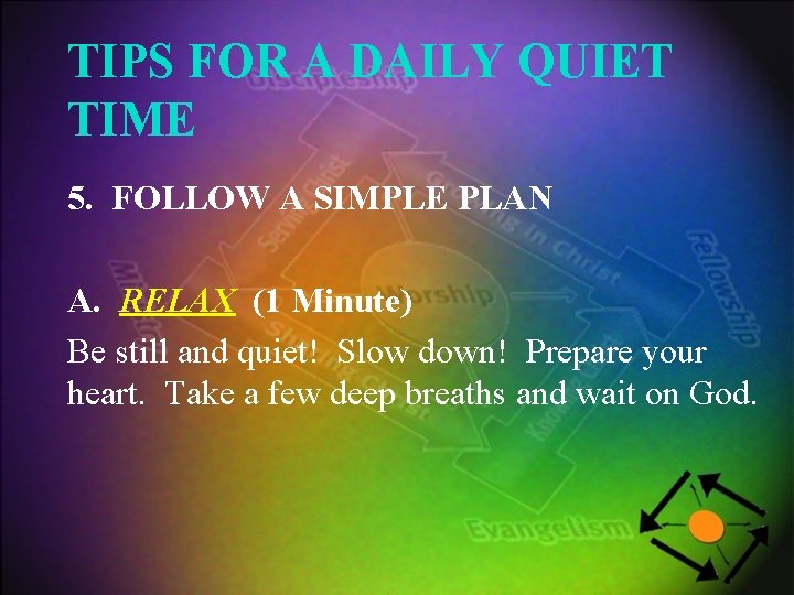 TIPS FOR A DAILY QUIET TIME 5. FOLLOW A SIMPLE PLAN A. RELAX (1