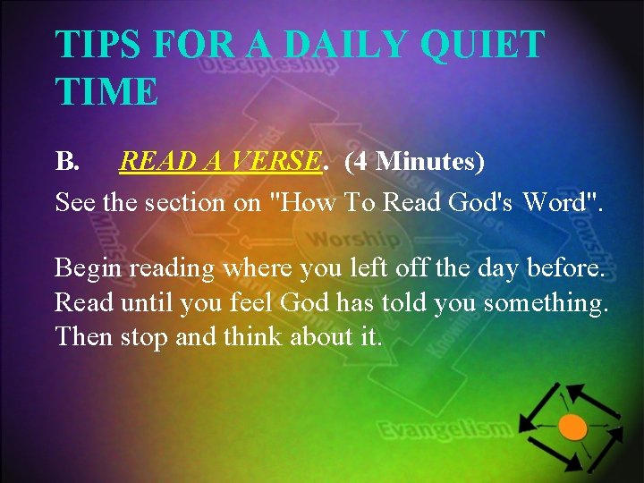 TIPS FOR A DAILY QUIET TIME B. READ A VERSE. (4 Minutes) See the