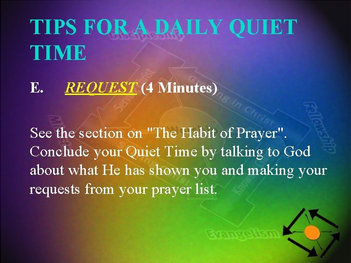 TIPS FOR A DAILY QUIET TIME E. REQUEST (4 Minutes) See the section on
