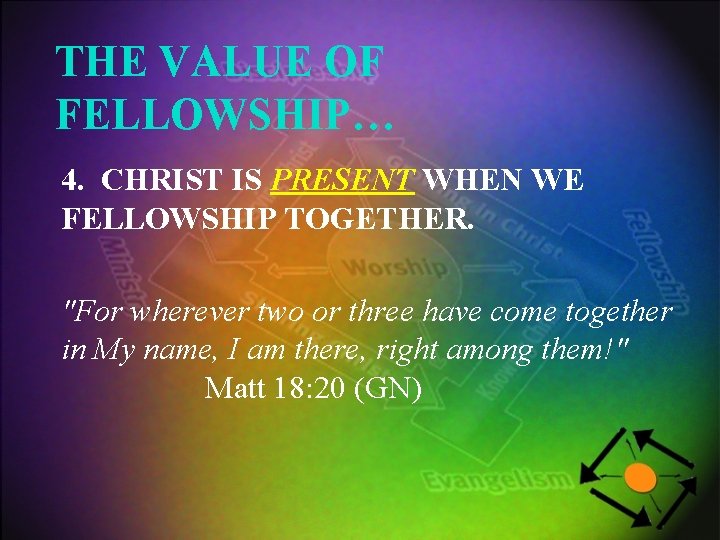 THE VALUE OF FELLOWSHIP… 4. CHRIST IS PRESENT WHEN WE FELLOWSHIP TOGETHER. "For wherever