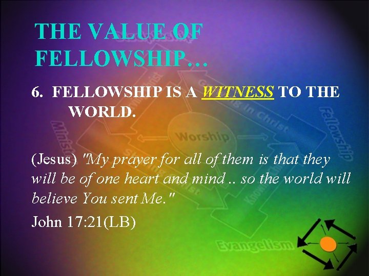 THE VALUE OF FELLOWSHIP… 6. FELLOWSHIP IS A WITNESS TO THE WORLD. (Jesus) "My