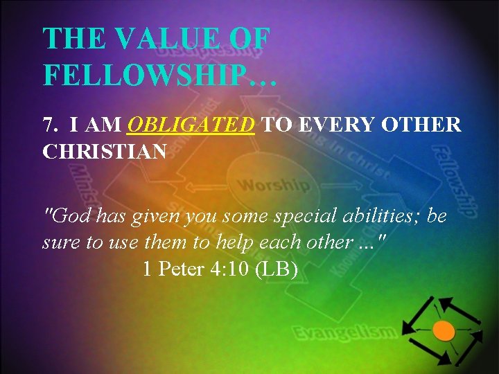 THE VALUE OF FELLOWSHIP… 7. I AM OBLIGATED TO EVERY OTHER CHRISTIAN "God has