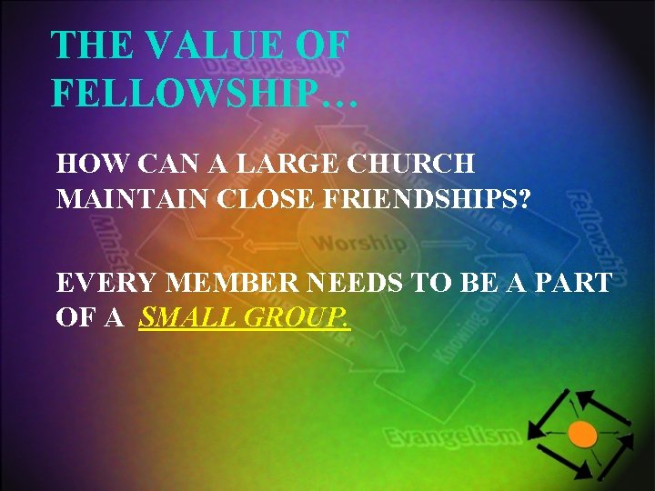 THE VALUE OF FELLOWSHIP… HOW CAN A LARGE CHURCH MAINTAIN CLOSE FRIENDSHIPS? EVERY MEMBER