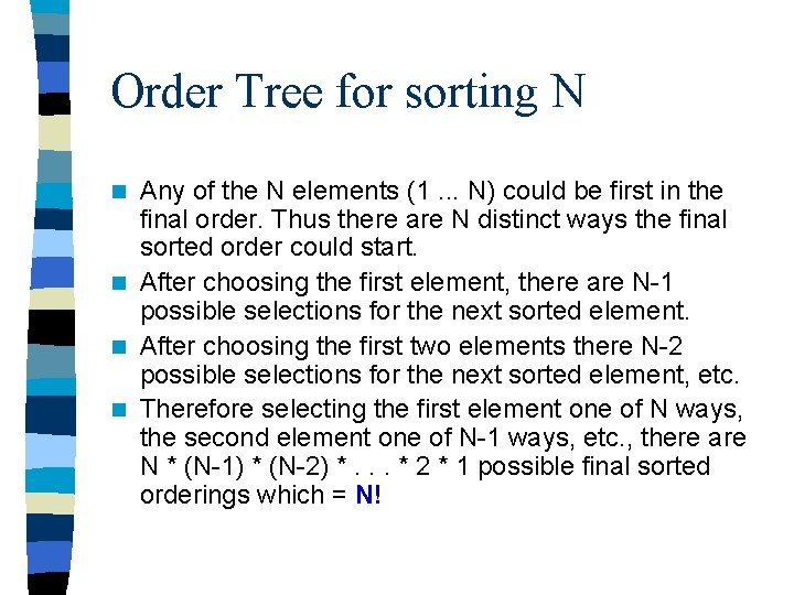 Order Tree for sorting N Any of the N elements (1. . . N)