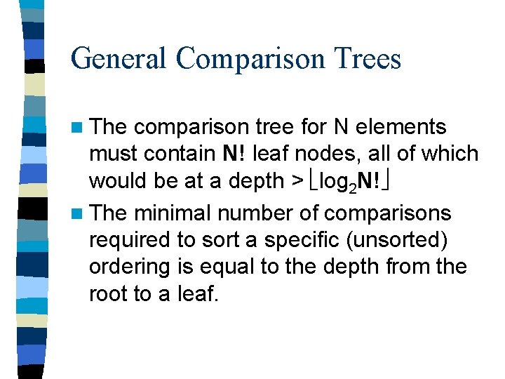 General Comparison Trees n The comparison tree for N elements must contain N! leaf