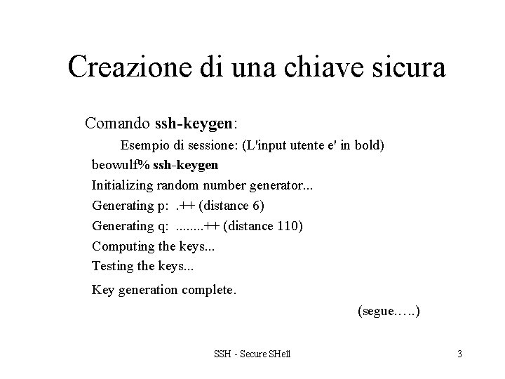 Creazione di una chiave sicura Comando ssh-keygen: Esempio di sessione: (L'input utente e' in