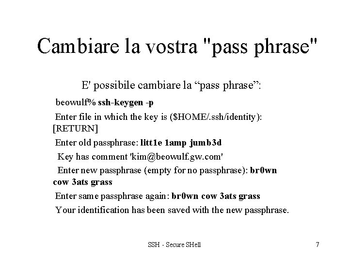 Cambiare la vostra "pass phrase" E' possibile cambiare la “pass phrase”: beowulf% ssh-keygen -p