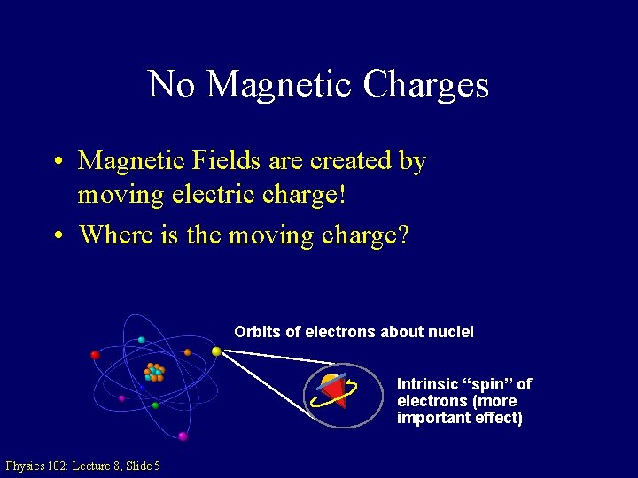 No Magnetic Charges • Magnetic Fields are created by moving electric charge! • Where