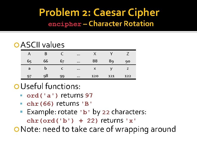 Problem 2: Caesar Cipher encipher – Character Rotation ASCII values A B C …