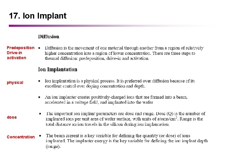 17. Ion Implant Predeposition Drive-in activation physical dose Concentration 