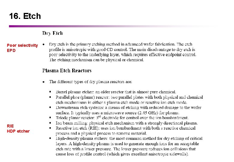 16. Etch Poor selectivity EPD RIE HDP etcher 