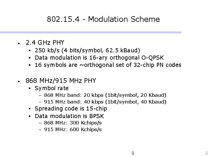 802. 15. 4 - Modulation Scheme • 2. 4 GHz PHY § 250 kb/s