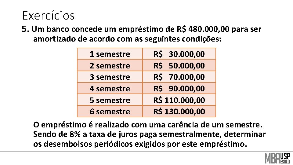 Exercícios 5. Um banco concede um empréstimo de R$ 480. 000, 00 para ser