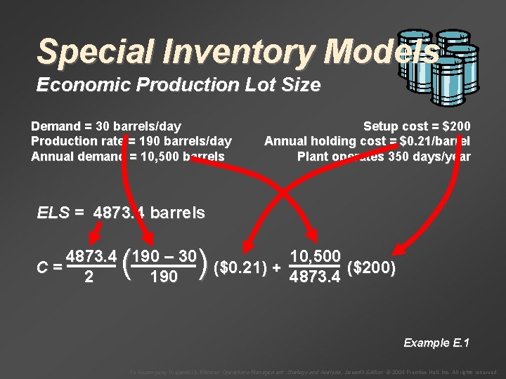 Special Inventory Models Economic Production Lot Size Demand = 30 barrels/day Production rate =