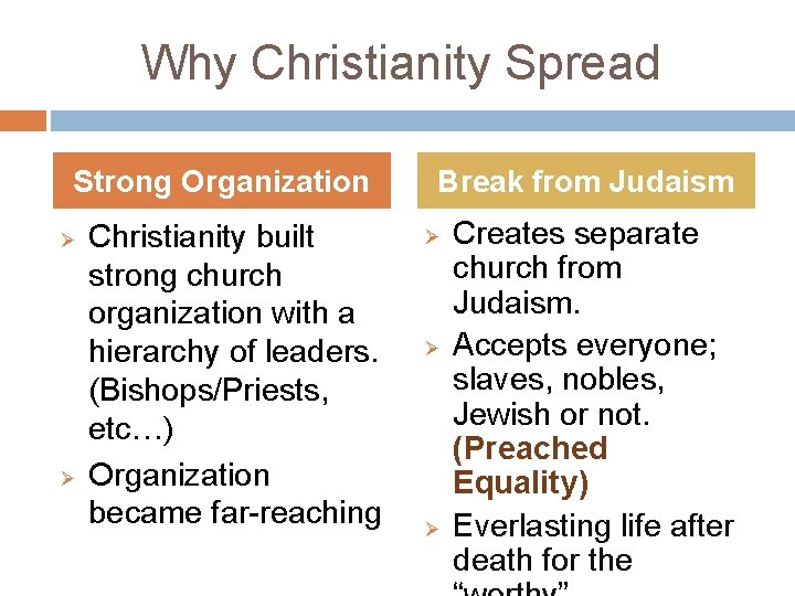 Why Christianity Spread Strong Organization Ø Ø Christianity built strong church organization with a