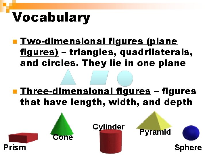 Vocabulary n n Two-dimensional figures (plane figures) – triangles, quadrilaterals, and circles. They lie
