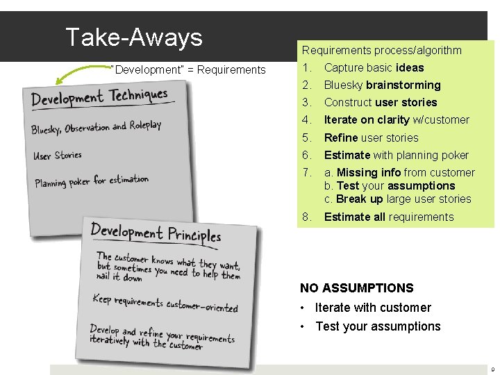 Take-Aways “Development” = Requirements process/algorithm 1. Capture basic ideas 2. Bluesky brainstorming 3. Construct