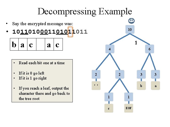 Decompressing Example • Say the encrypted message was: 10 • 10110100011011 b a c