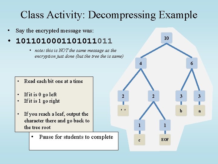 Class Activity: Decompressing Example • Say the encrypted message was: 10 • 10110100011011 •