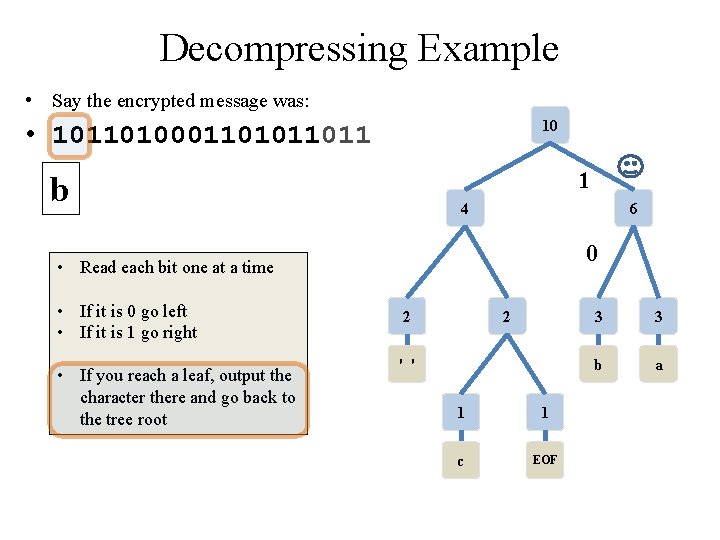 Decompressing Example • Say the encrypted message was: 10 • 10110100011011 1 b 4