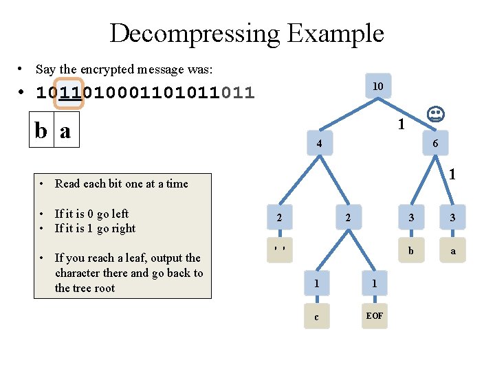 Decompressing Example • Say the encrypted message was: 10 • 10110100011011 1 b a